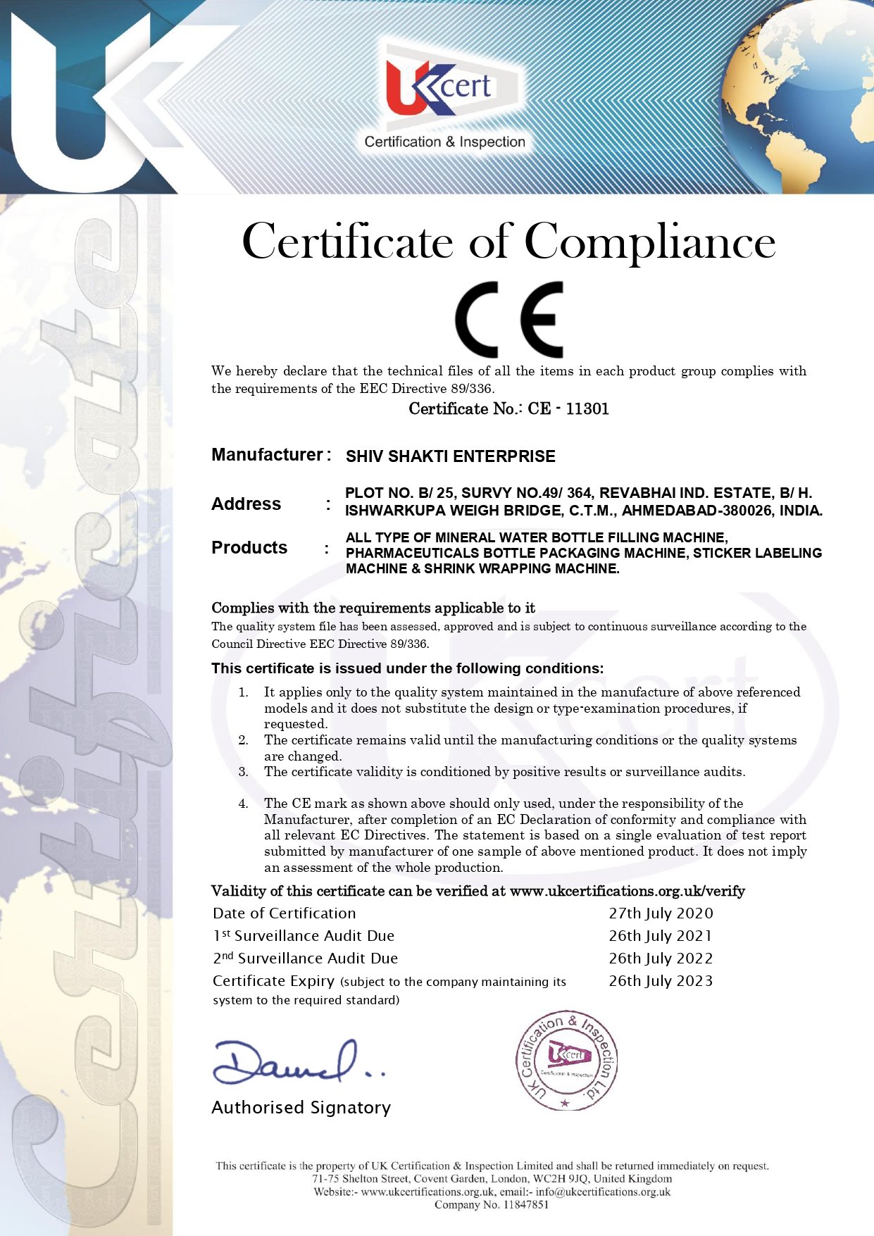 Certificate of Compliance - SHIIV SHAKTI WATER EQUIPMENT PVT. LTD.